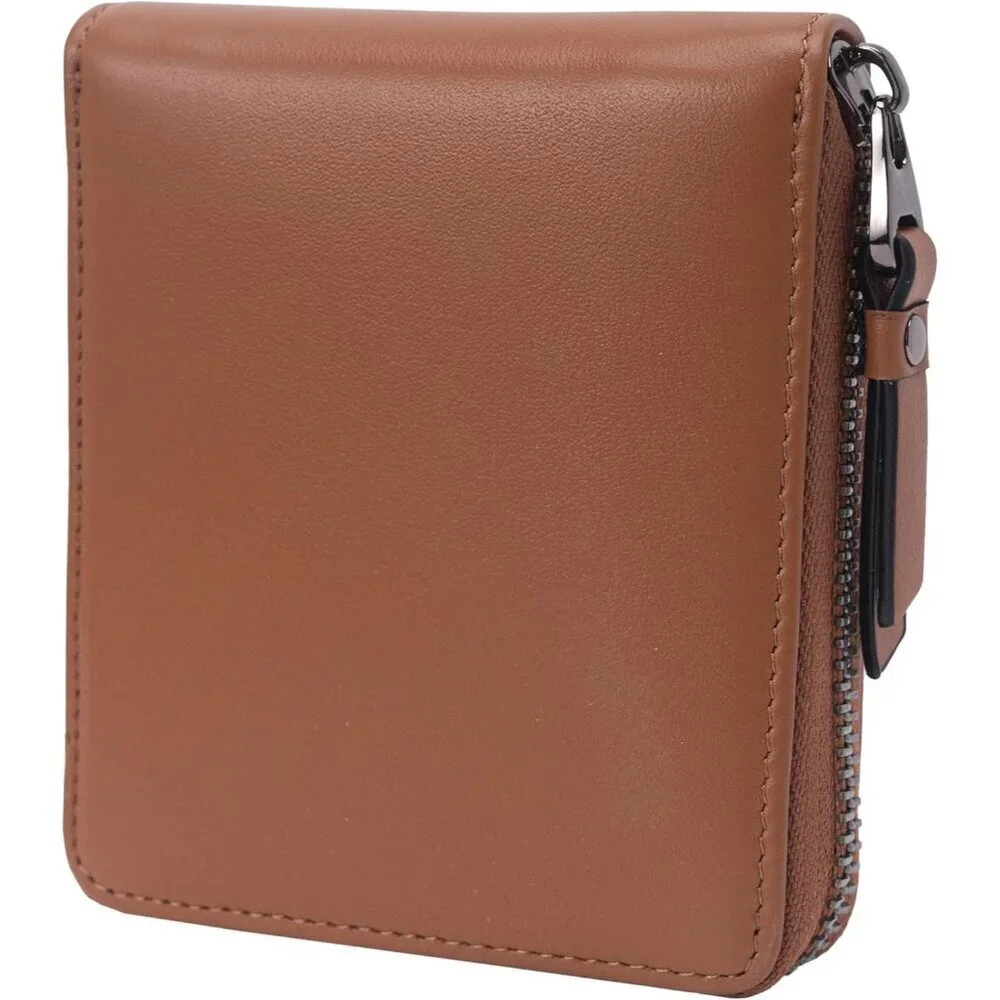 Men's Bifold Leather Dark Brown Wallets Card Slot Secure Zipper Closure Style